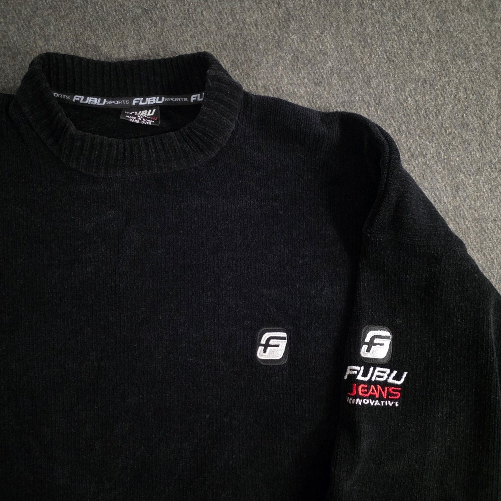 FUBU Jeans Sport Mens XL Black Ribbed Velour Mock Neck‎ Sweater Oversized Y2k